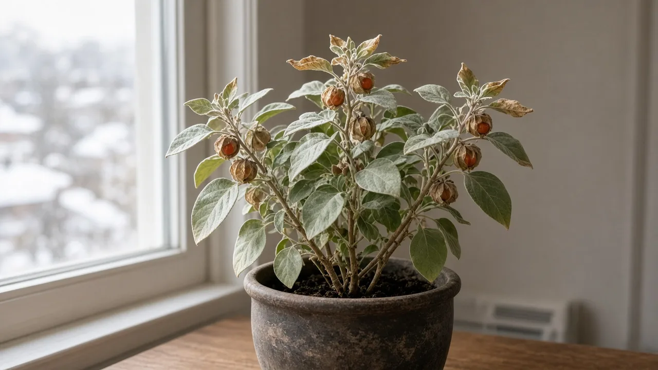 Low humidity on Ashwagandha - crisp silvery leaf tips on a winter-cherry shrub beside a sunny indoor window