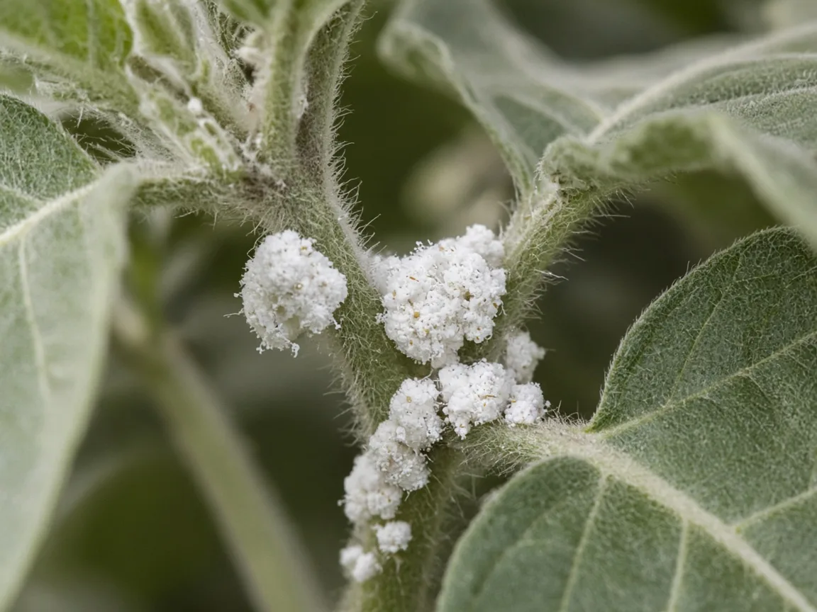 Close-up of white cottony mealybug clusters in an Ashwagandha stem fork and hairy leaf node