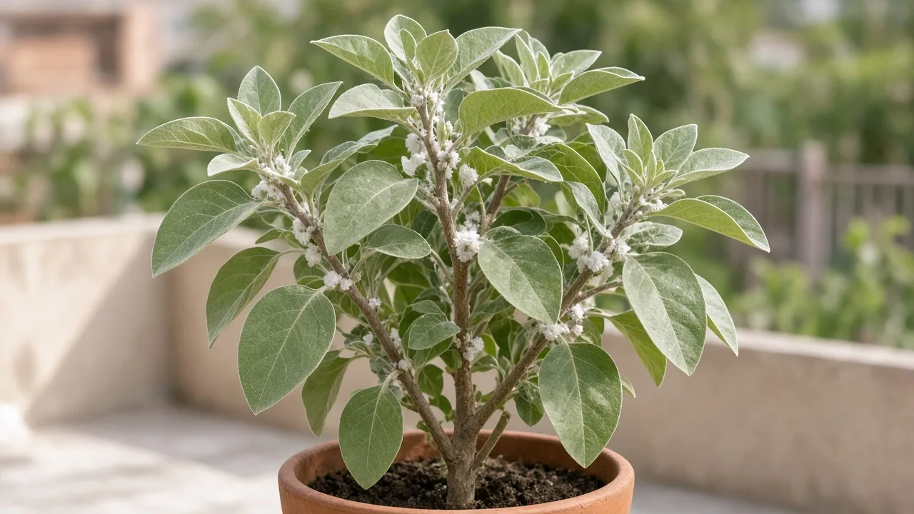 Mealybugs on Ashwagandha - white cottony clusters in stem forks with silvery-green foliage