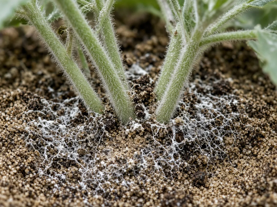 Close-up of mold on soil on Ashwagandha - white fuzzy threads on damp sandy mix at hairy stem bases