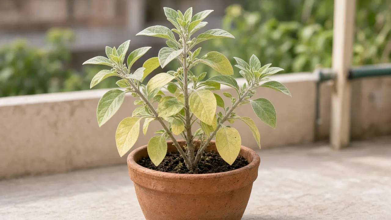 Nitrogen deficiency on Ashwagandha - oldest lower opposite silvery-hairy leaves uniformly pale yellow-green on erect woody stems