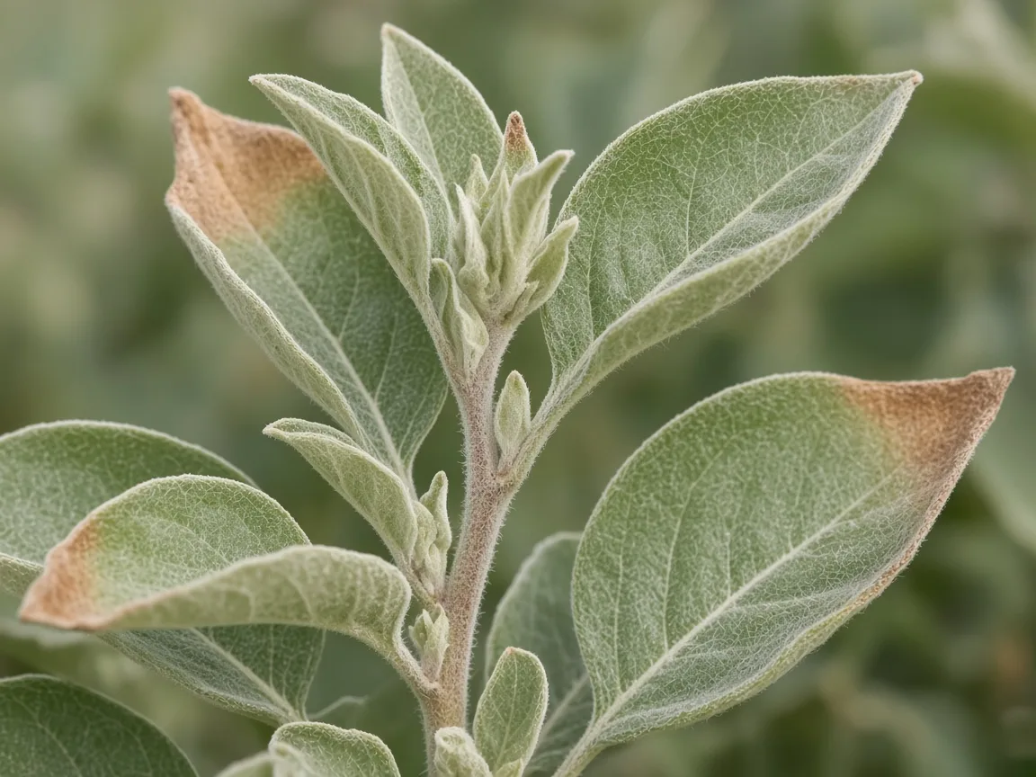 Close-up of pale stretched Ashwagandha leaves in weak light