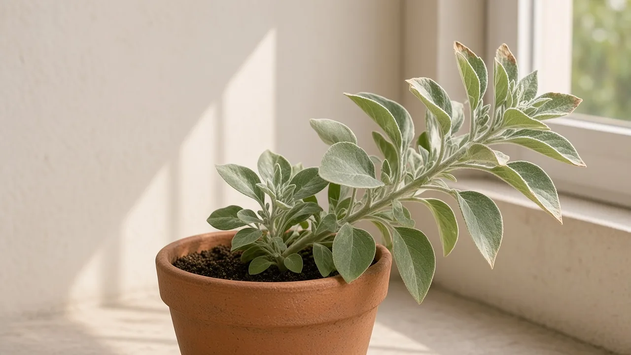 Not enough light on Ashwagandha - pale stretched stems leaning toward a bright window