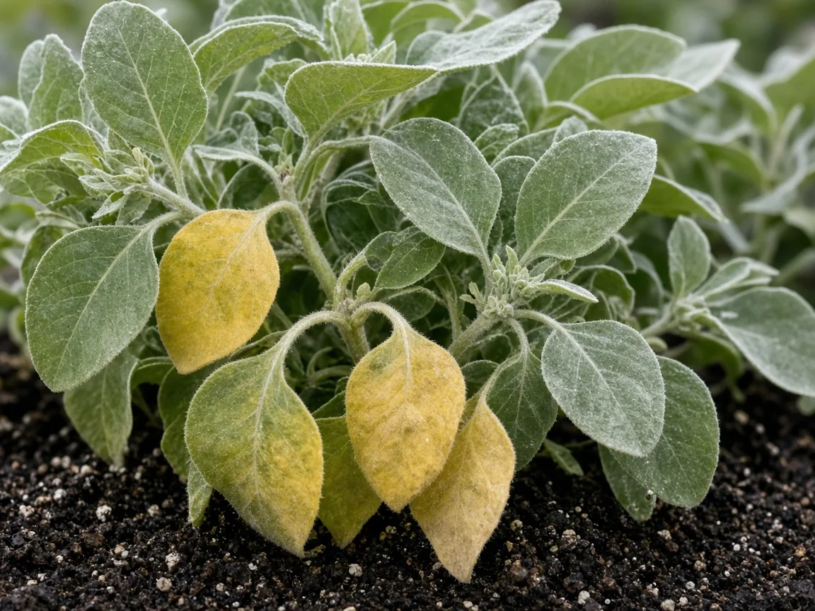 Close-up of yellow lower Ashwagandha leaves and damp heavy potting mix