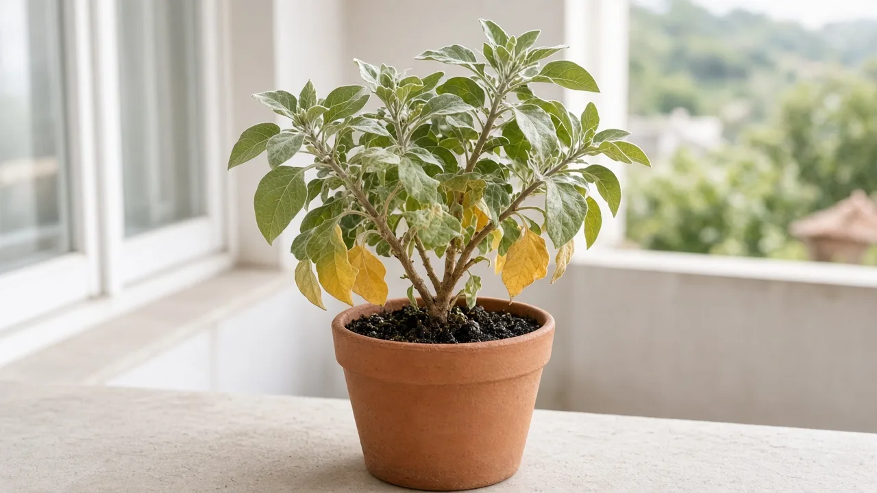 Overwatering on Ashwagandha - yellow lower leaves and limp stems on heavy wet potting mix