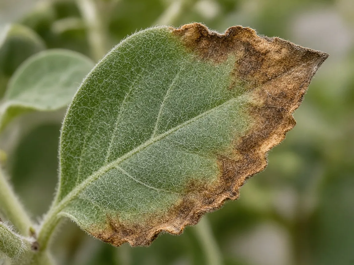 Close-up of potassium deficiency on Ashwagandha - tan scorch along the outer margin of an older lower opposite silvery-hairy leaf