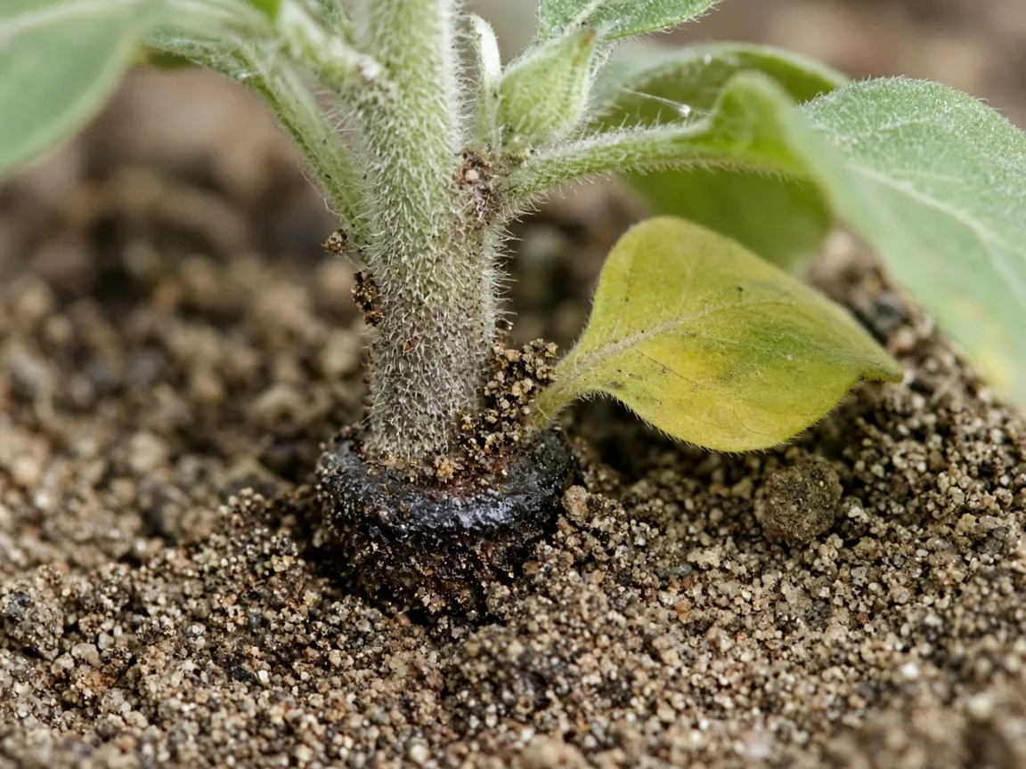 Close-up of soft black stem crown and mushy tissue at soil line on Ashwagandha