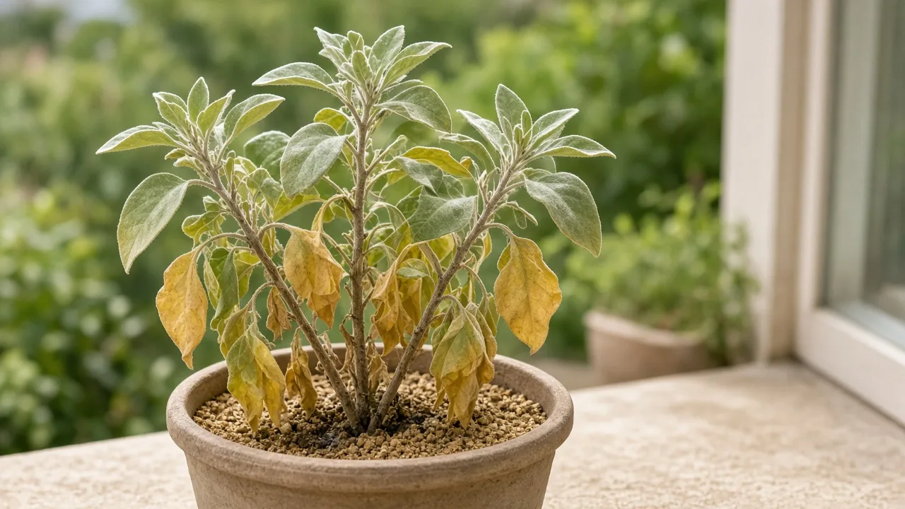 Root rot on Ashwagandha - soft black stem crown on wet sandy mix with yellow lower leaves
