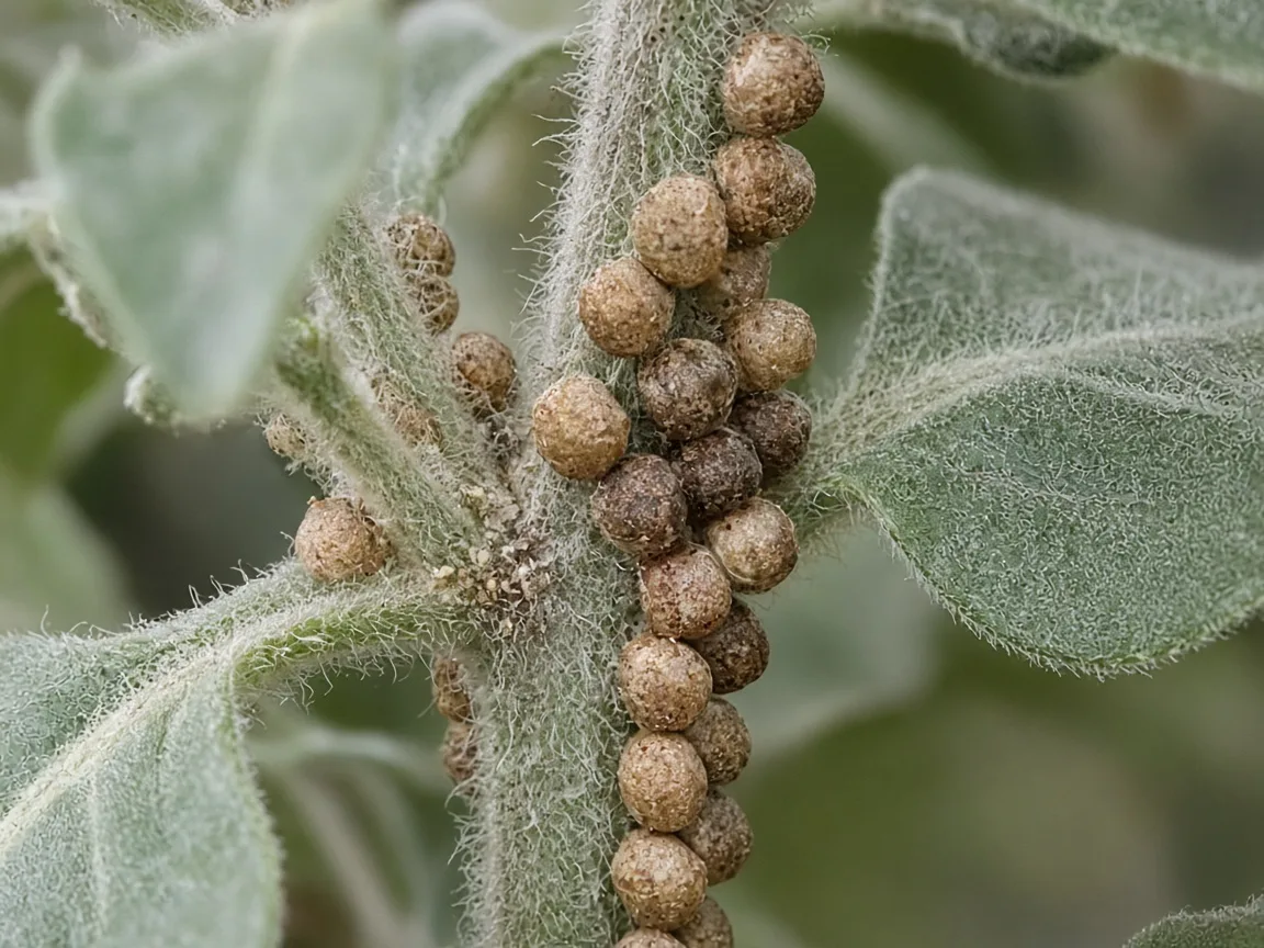 Close-up of tan scale insect bumps on an Ashwagandha stem node and hairy leaf axil