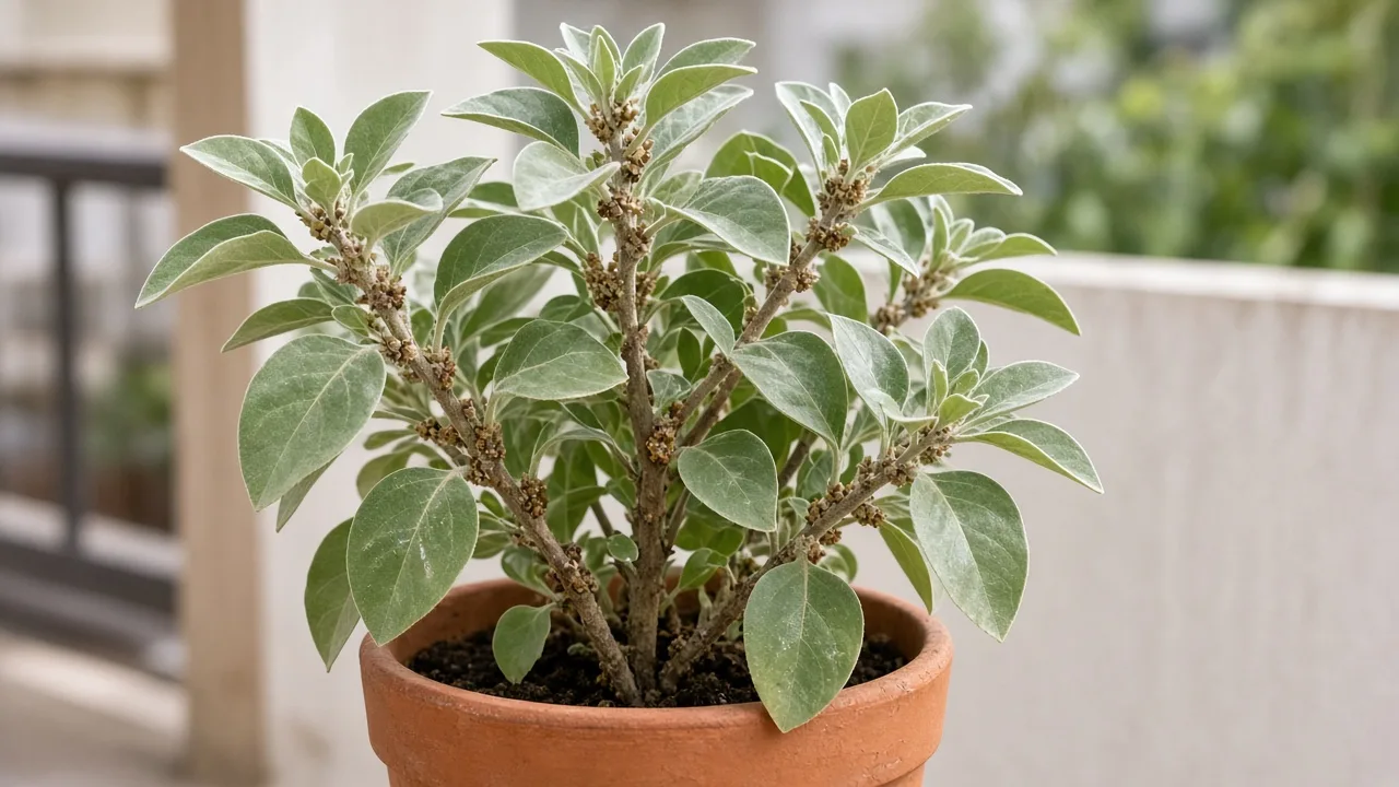 Scale insects on Ashwagandha - tan bumps on hairy stem nodes with silvery-green foliage
