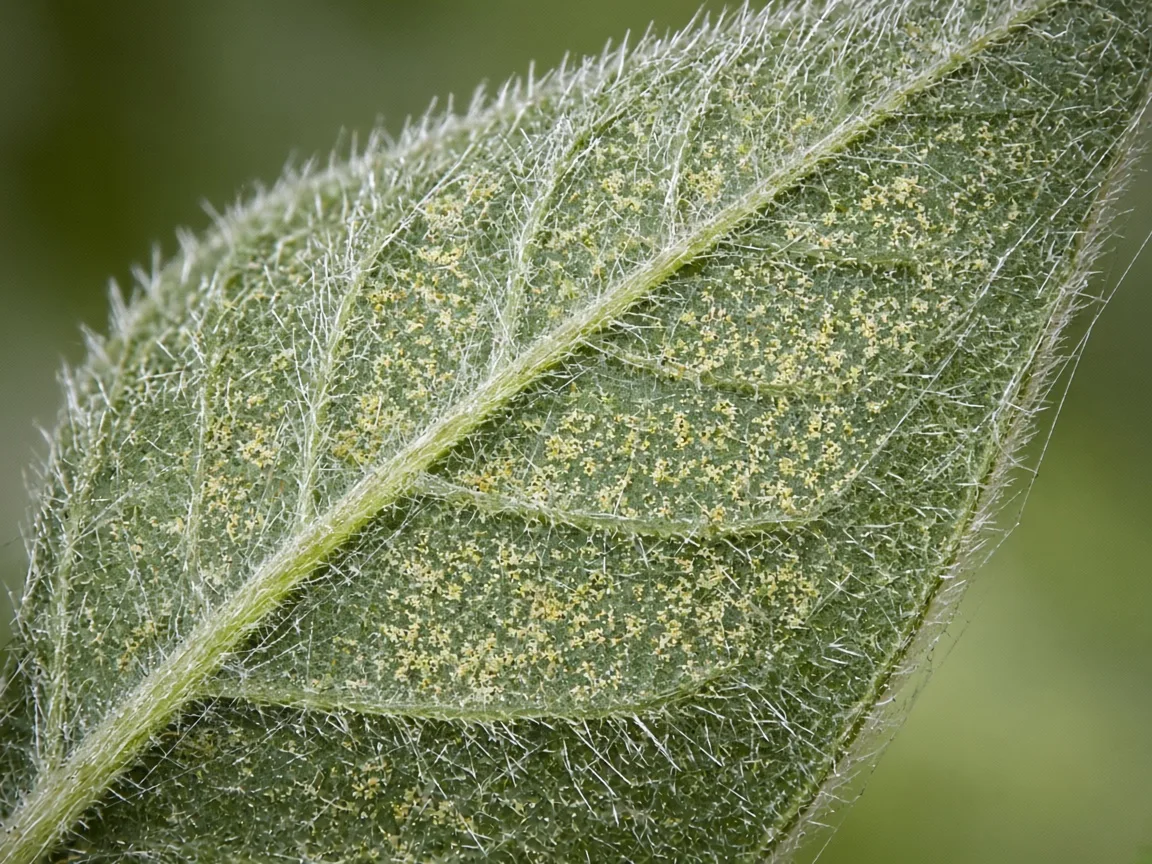 Close-up of spider mite stippling and webbing on Ashwagandha hairy leaf underside