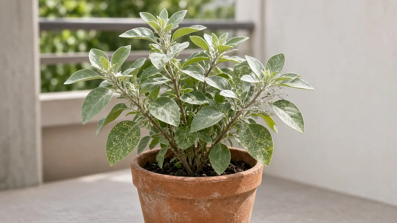 Spider mites on Ashwagandha - stippled silvery leaves with fine webbing on a sunny terrace shrub