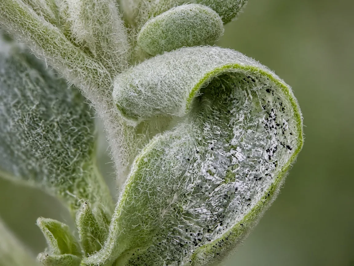 Close-up of thrips damage on Ashwagandha - silver streaks and black frass inside unfurling shoot-tip leaf