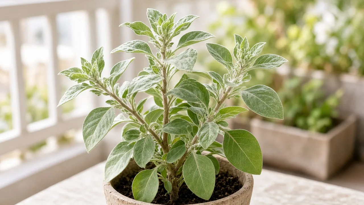 Thrips on Ashwagandha - silvery streaks and scarred unfurling shoot-tip leaves on hairy foliage