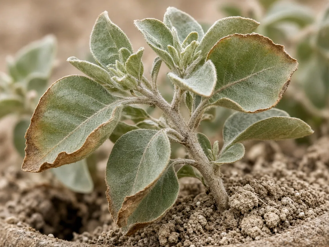 Close-up of limp Ashwagandha leaves with dry crumbly soil at the pot rim