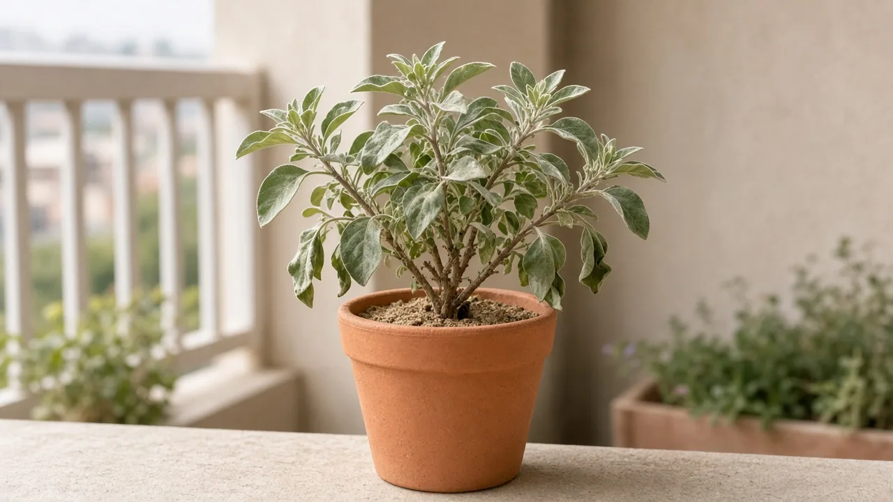 Underwatering on Ashwagandha - limp silvery-green leaves on a light dry terracotta pot in full sun