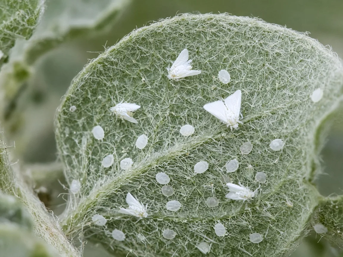 Close-up of whiteflies on Ashwagandha hairy leaf underside