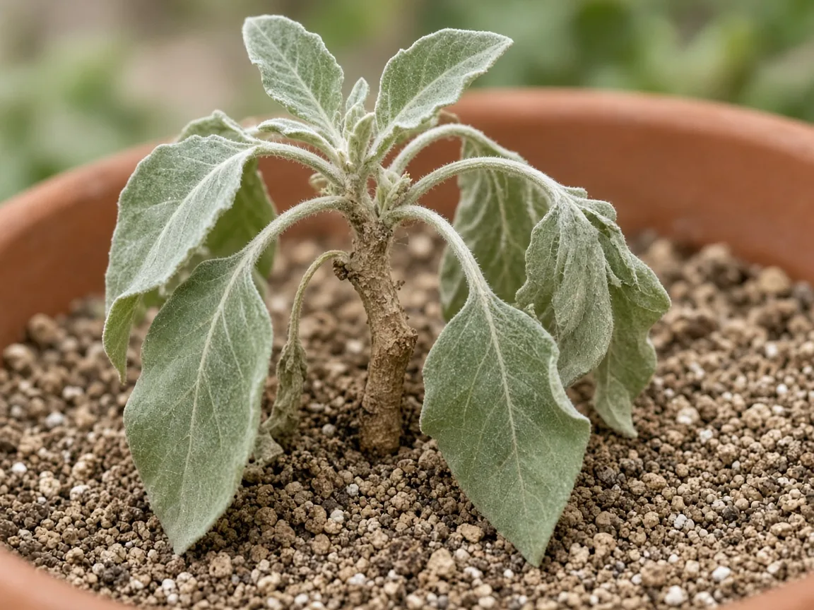 Close-up of a wilted Ashwagandha stem crown with limp silvery foliage