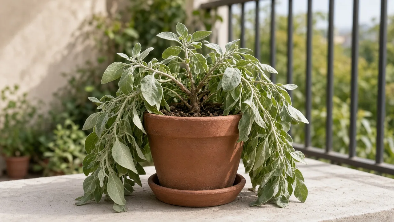Wilting on Ashwagandha - collapsed silvery-green shrub with limp stems on a sunny terrace pot