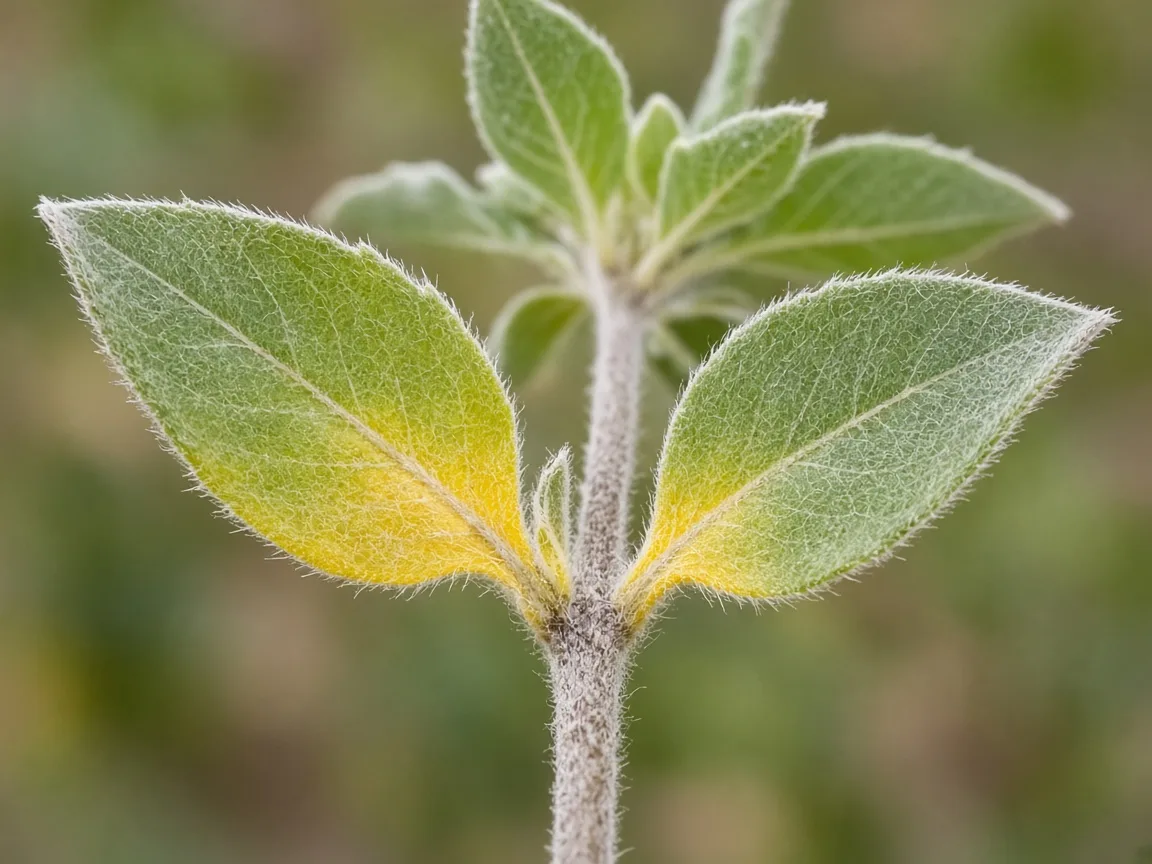 Close-up of yellow leaves on Ashwagandha - oldest lower opposite silvery-hairy leaf fading yellow-green while branch tip stays greener