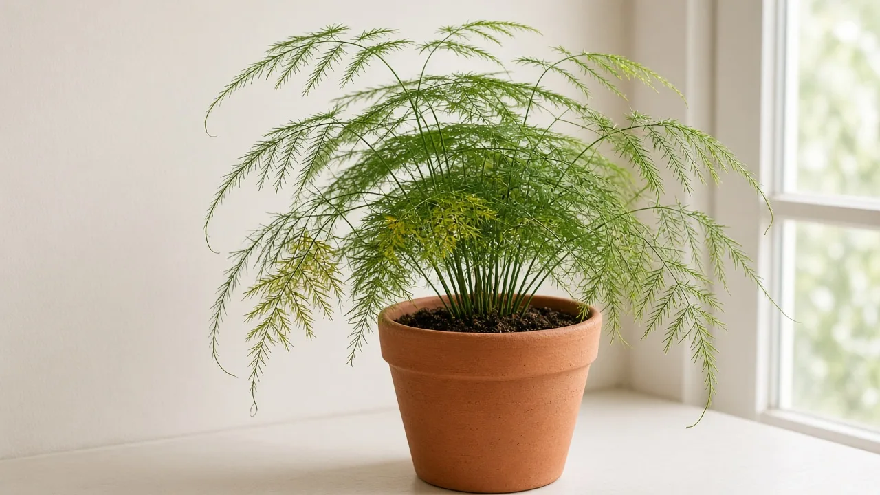 Black Spots on Asparagus Fern - dark lesions on fine needle-like cladode sprays