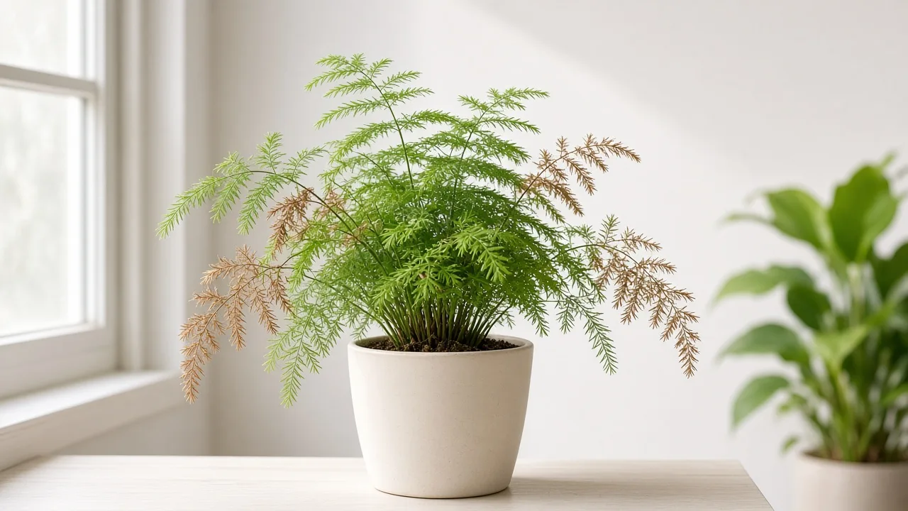 Brown Leaves on Asparagus Fern - dead cladodes on arching fronds