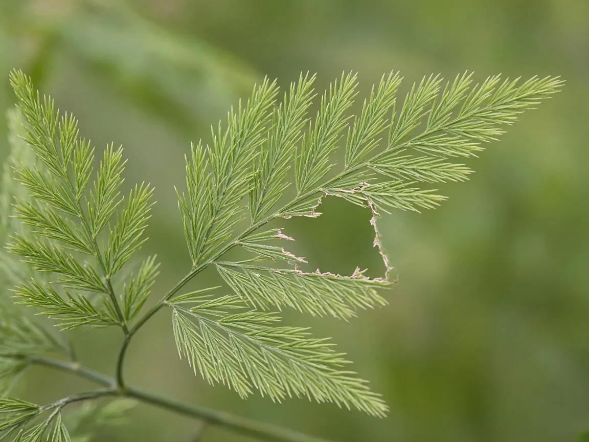 Close-up of holes in leaves on Asparagus Fern - clean mechanical tear on feathery cladode spray