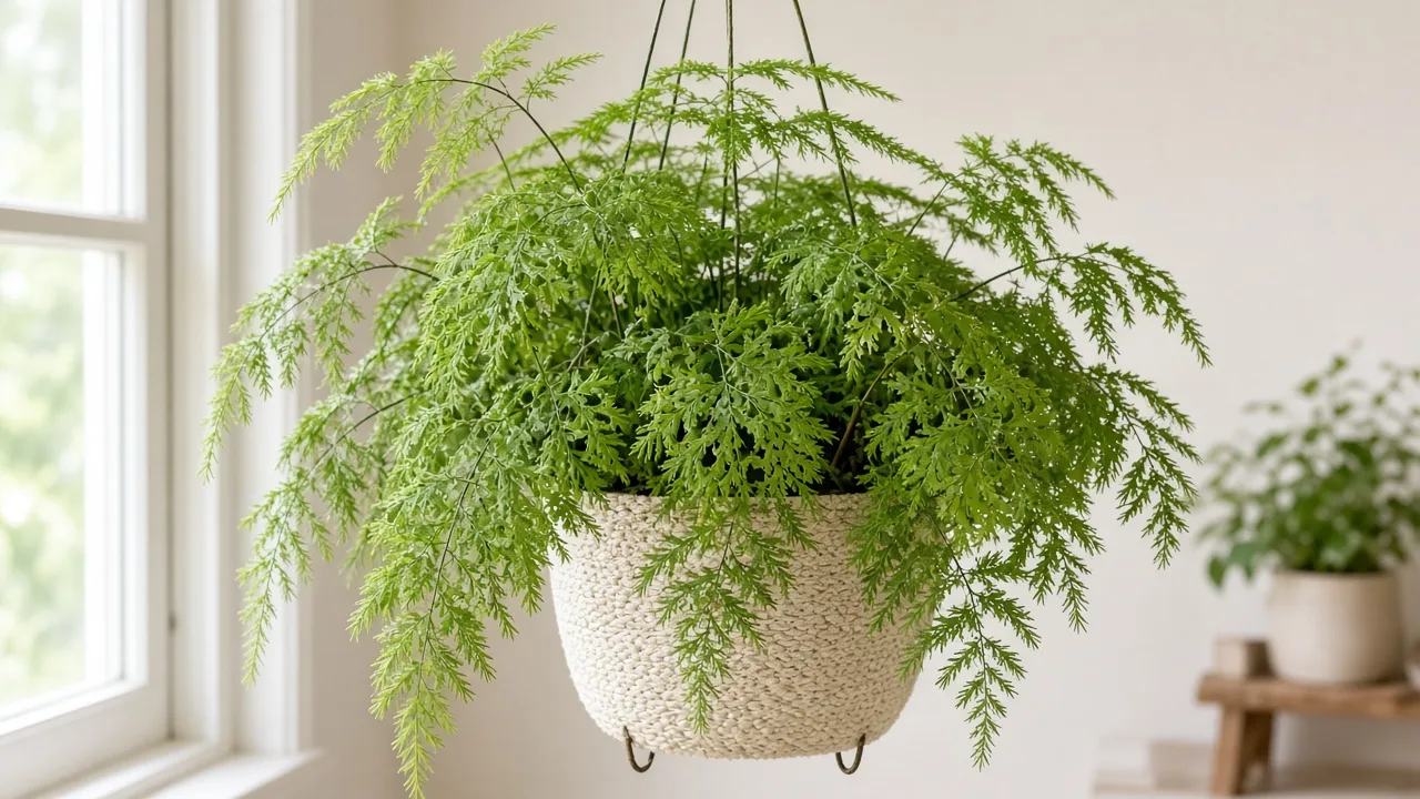 Holes in leaves on Asparagus Fern - clean mechanical tear on feathery cladode sprays in a hanging basket