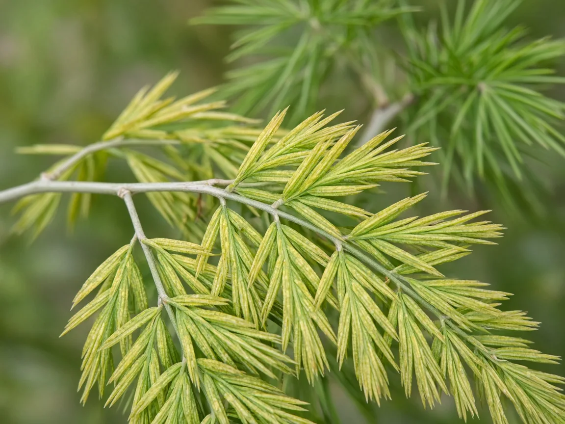Close-up of magnesium deficiency on Asparagus Fern - interveinal yellowing on older cladode spray needles