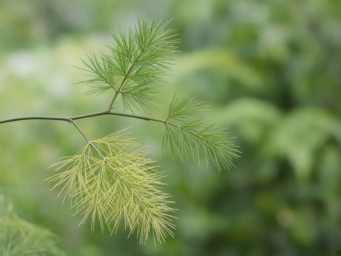Close-up of nitrogen deficiency on Asparagus Fern - pale yellow lower cladode sprays