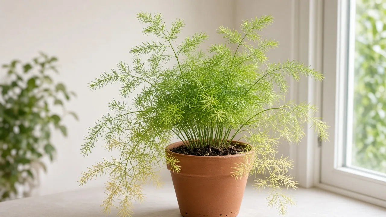 Nitrogen deficiency on Asparagus Fern - pale yellow lower cladode sprays on wiry branching stems