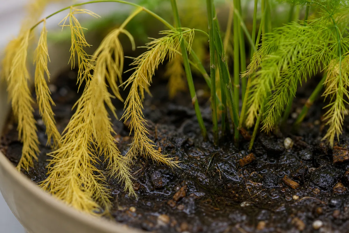 Close-up of Overwatering on Asparagus Fern - diagnostic detail