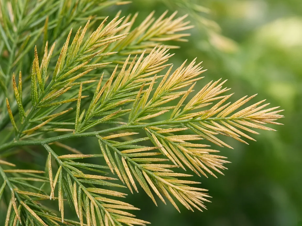 Close-up of brown scorched margins on an older asparagus fern cladode spray