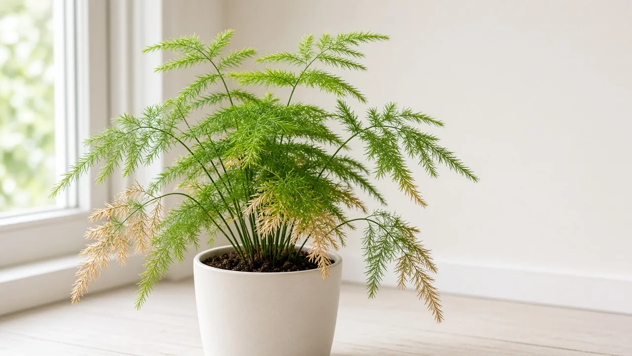 Potassium deficiency on asparagus fern - brown scorched margins on older needle-like cladode sprays along a lower wiry stem