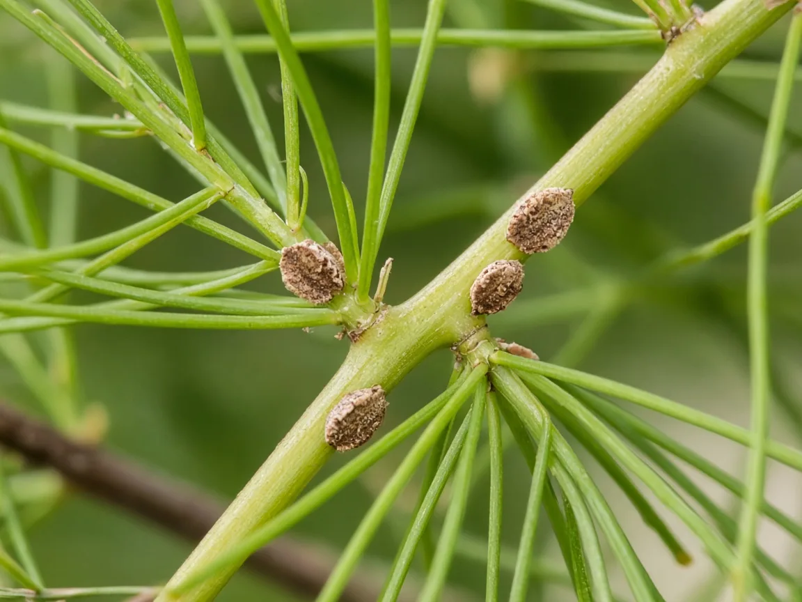 Close-up of scale insect bumps on an Asparagus Fern wiry stem and cladode axil