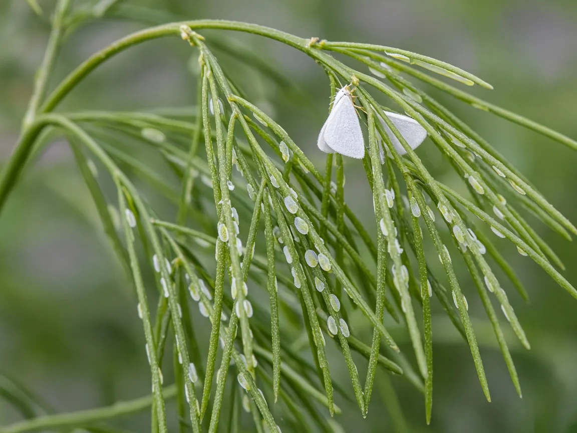 Close-up of whitefly nymphs and adults on Asparagus Fern cladode undersides