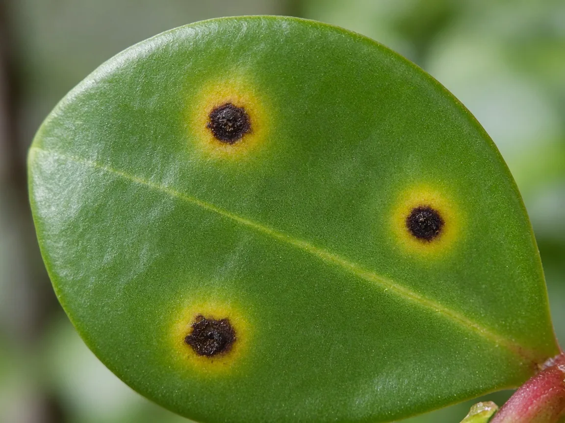 Close-up of black spots on baby rubber plant - diagnostic detail