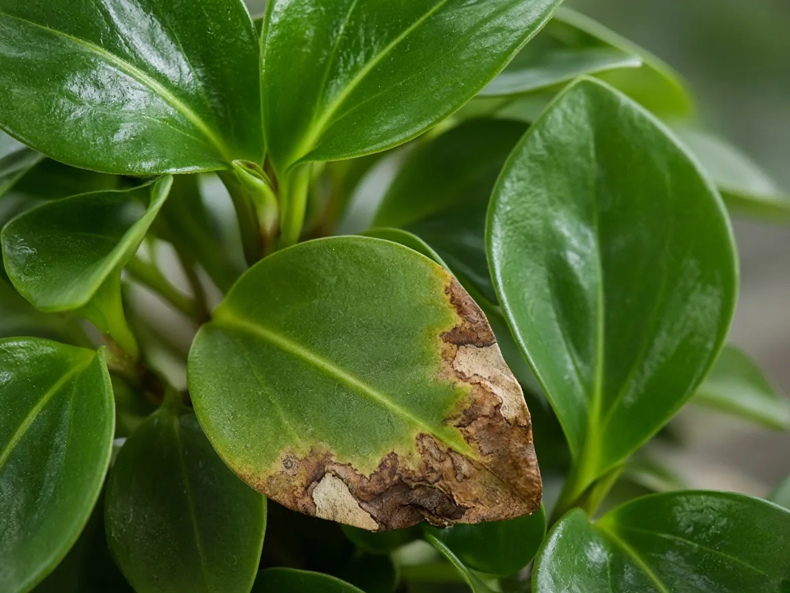 Close-up of Brown Leaves on Baby Rubber Plant - diagnostic detail