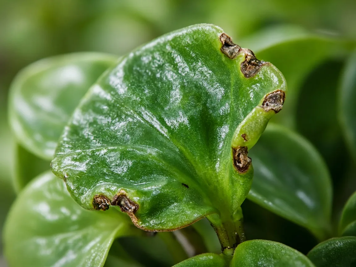 Close-up of calcium deficiency on Baby Rubber Plant - cupped new thick leaf at stem tip