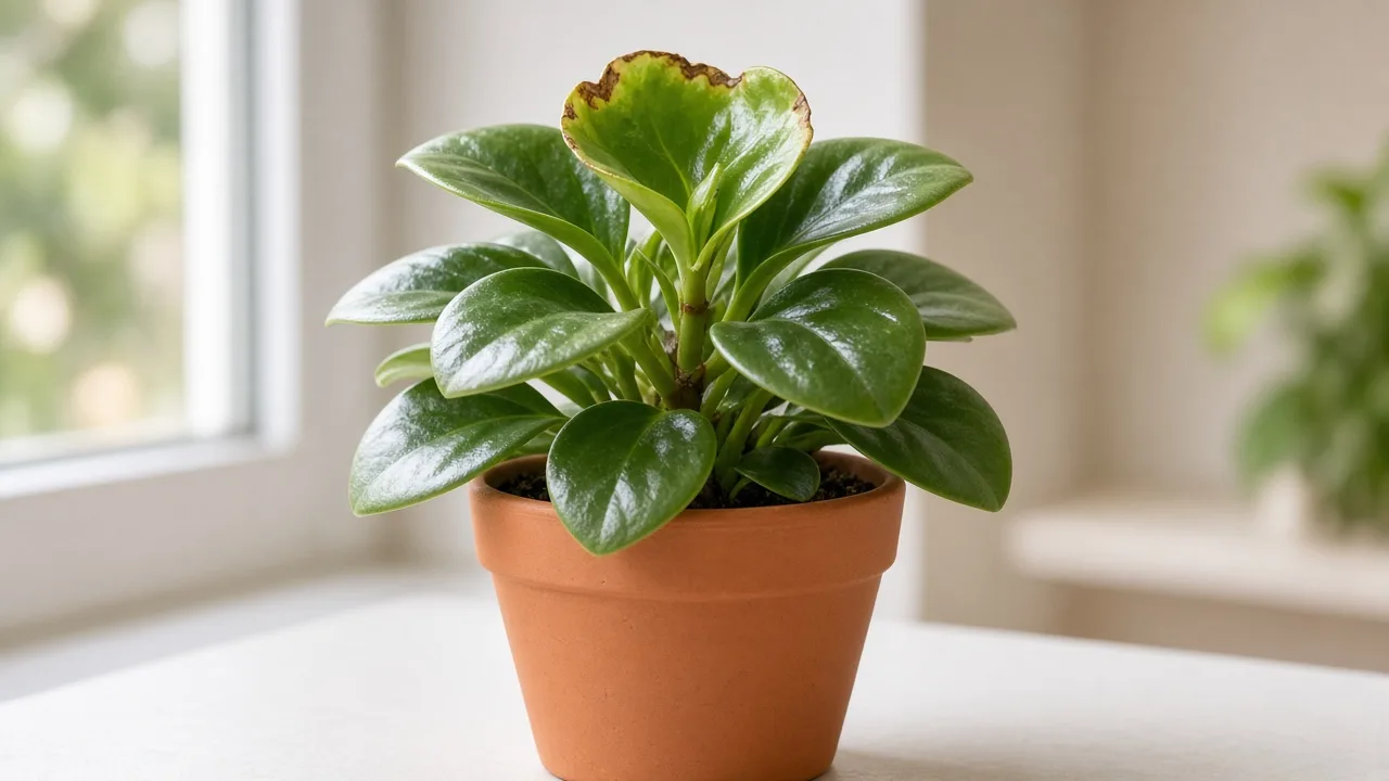 Calcium deficiency on Baby Rubber Plant - cupped new thick leaf at stem tip on compact glossy foliage