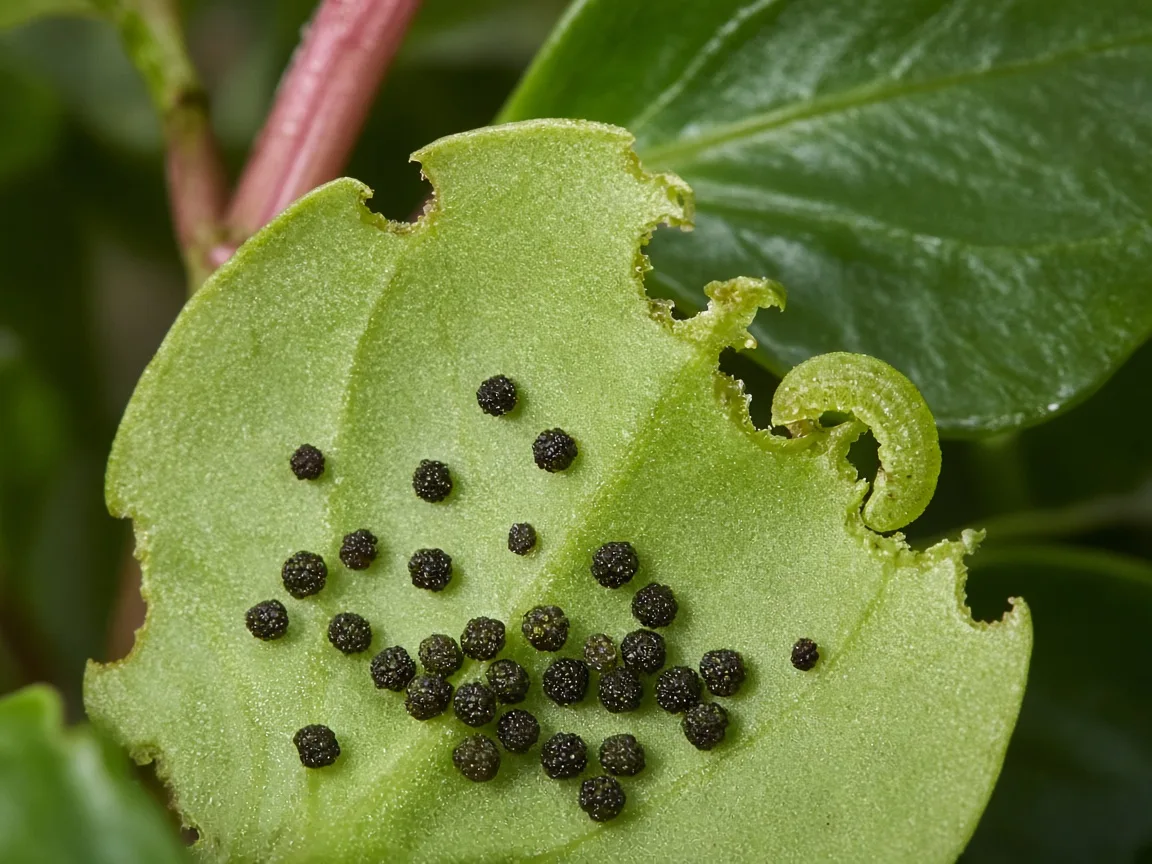 Close-up of caterpillar chew damage on baby rubber plant new leaves