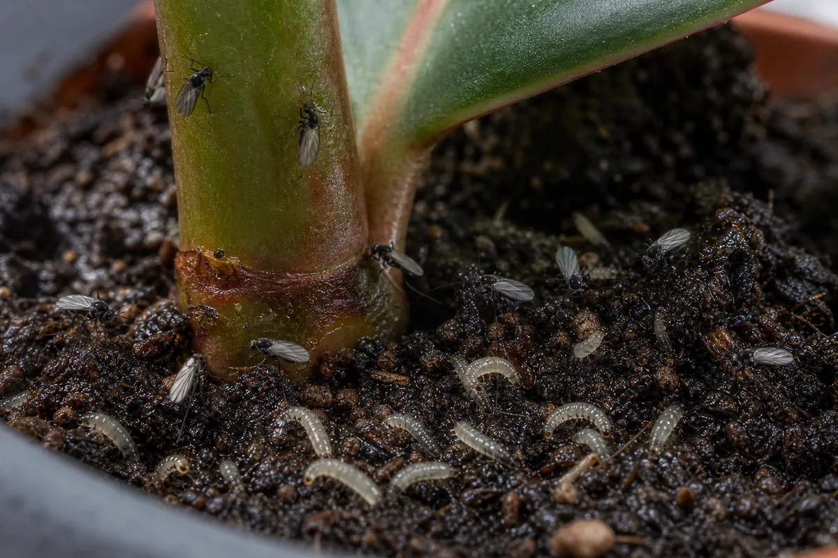Close-up of Fungus Gnats on Baby Rubber Plant - diagnostic detail