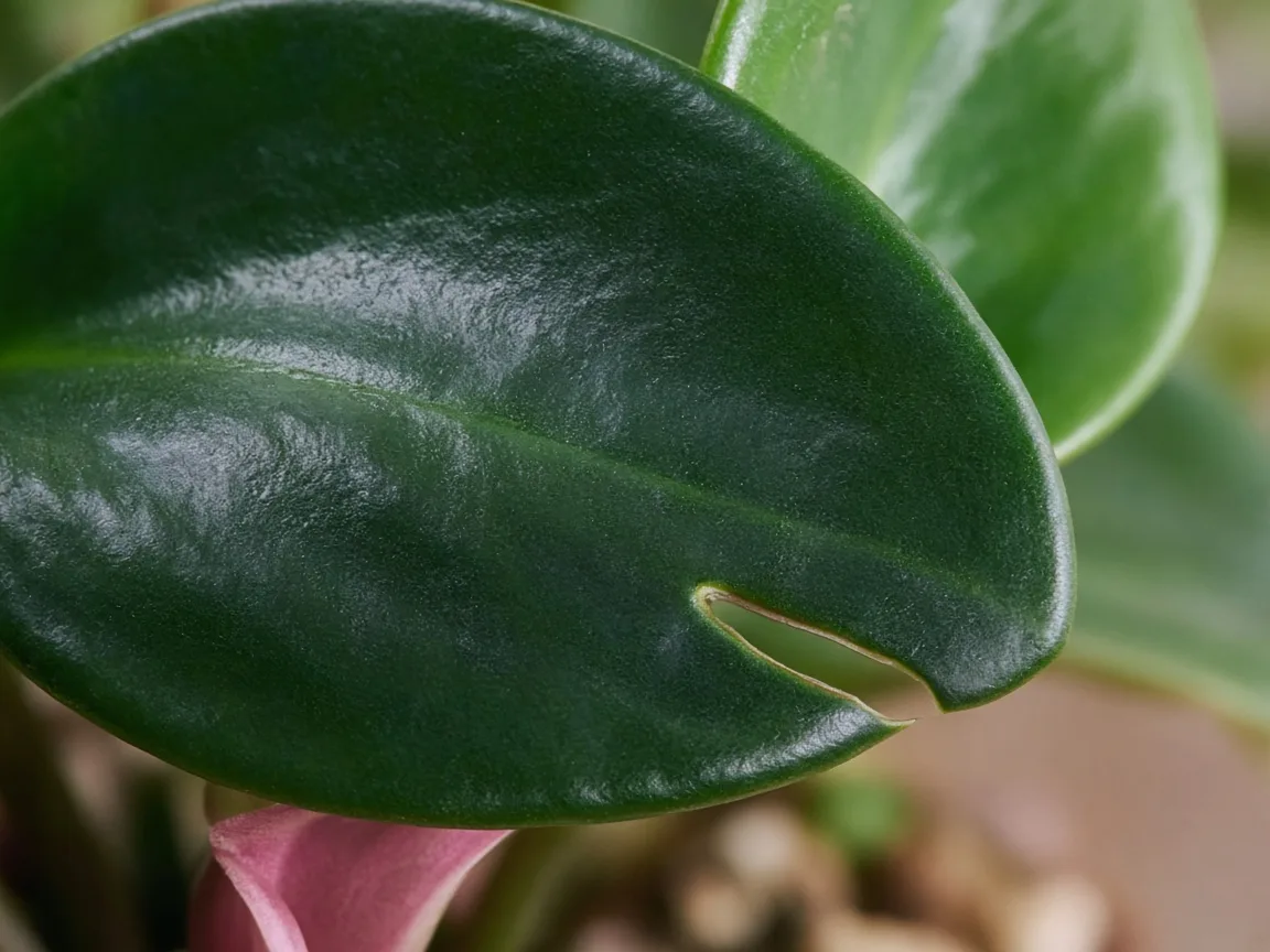 Close-up of holes in leaves on baby rubber plant - clean mechanical tear on thick glossy obtusifolia foliage