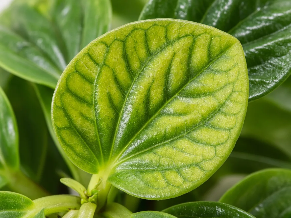 Close-up of interveinal chlorosis on new Baby Rubber Plant thick leaf at stem tip