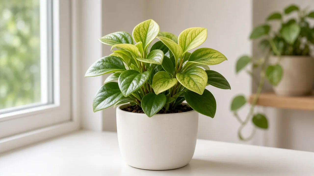 Iron deficiency on Baby Rubber Plant - pale new thick leaf with green veins at stem tip on compact glossy foliage