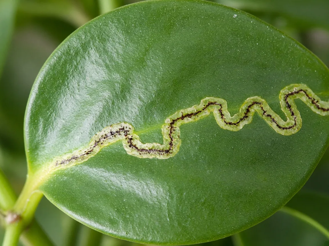 Close-up of leaf miner serpentine tunnel inside a baby rubber plant glossy leaf