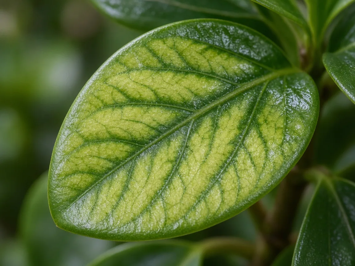Close-up of interveinal chlorosis on older Baby Rubber Plant leaf