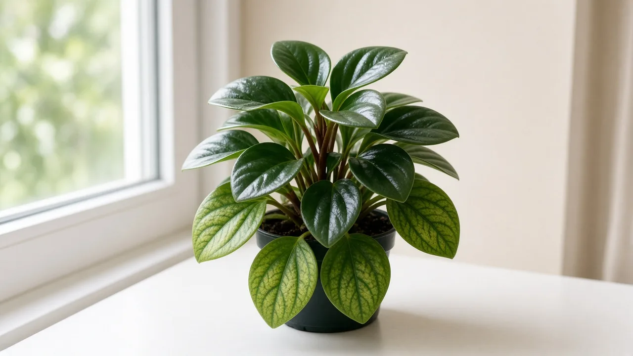 Magnesium deficiency on Baby Rubber Plant - yellow between green veins on older lower thick oval leaves