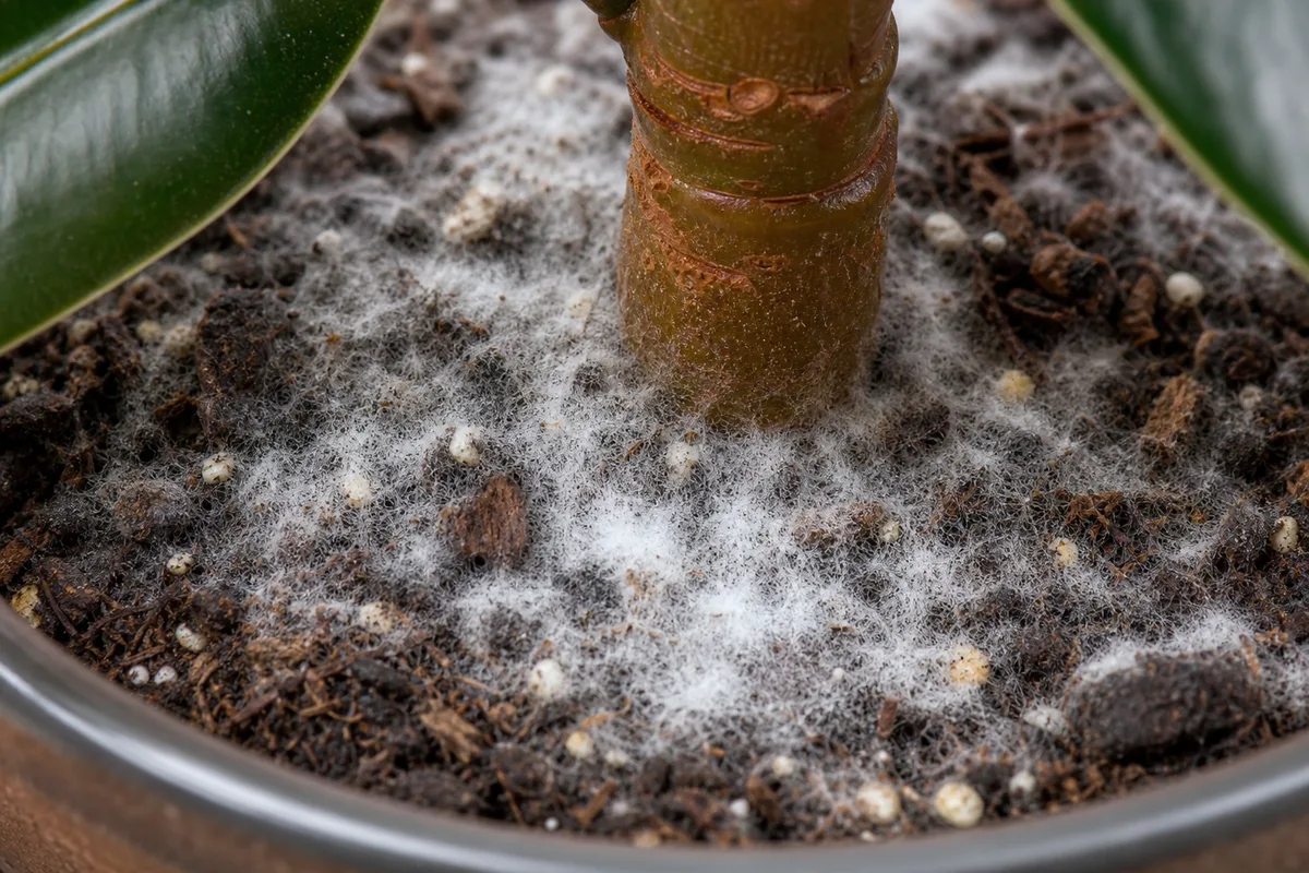 Close-up of Mold on Soil on Baby Rubber Plant - diagnostic detail