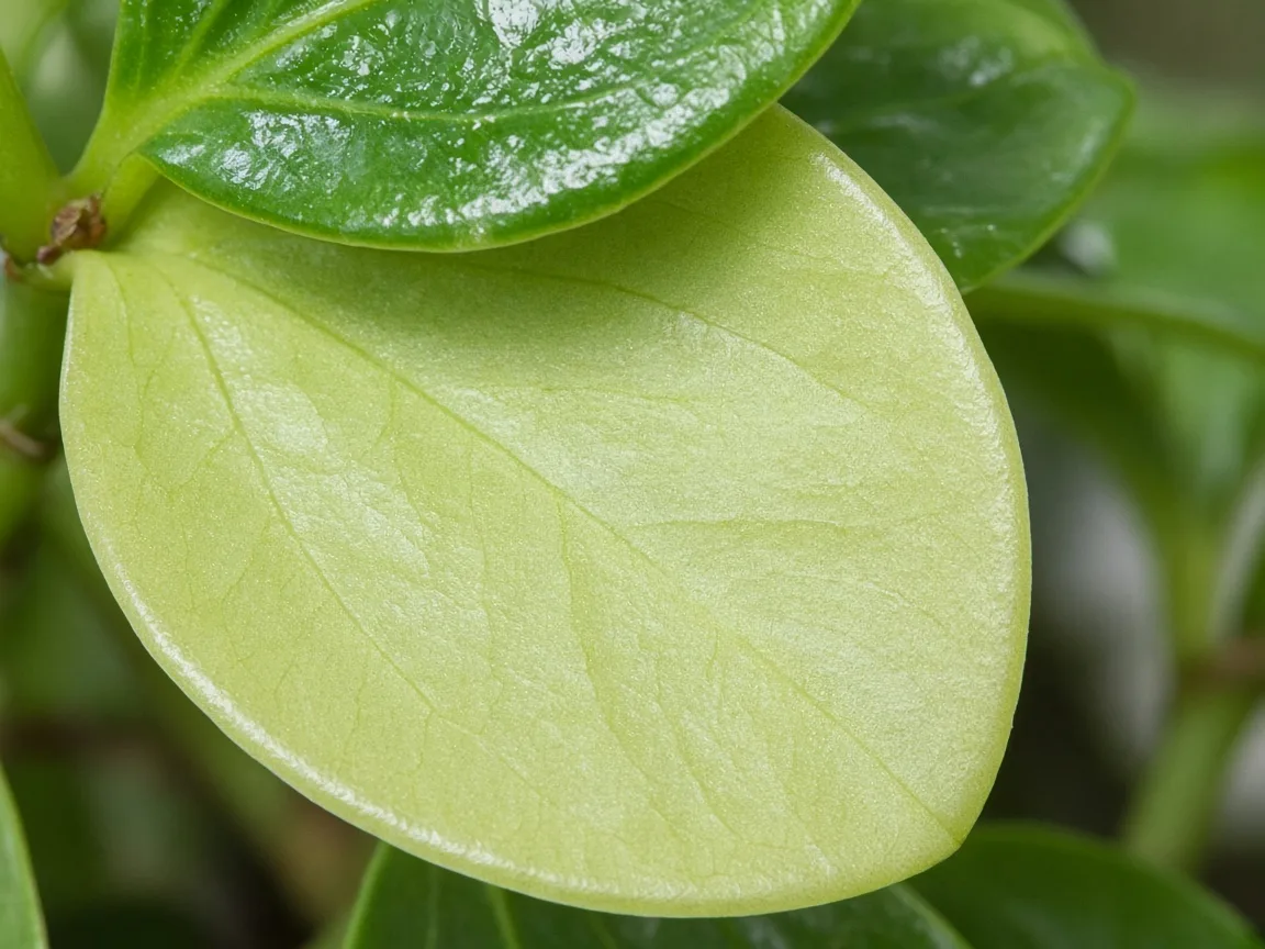 Close-up of nitrogen deficiency on Baby Rubber Plant - uniform pale yellow-green on oldest lower thick leaf